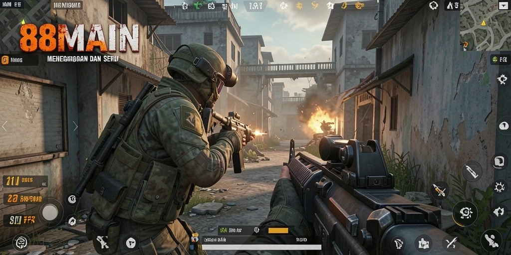 Screenshot gameplay 88MAIN menampilkan aksi tembak-menembak yang intens.
