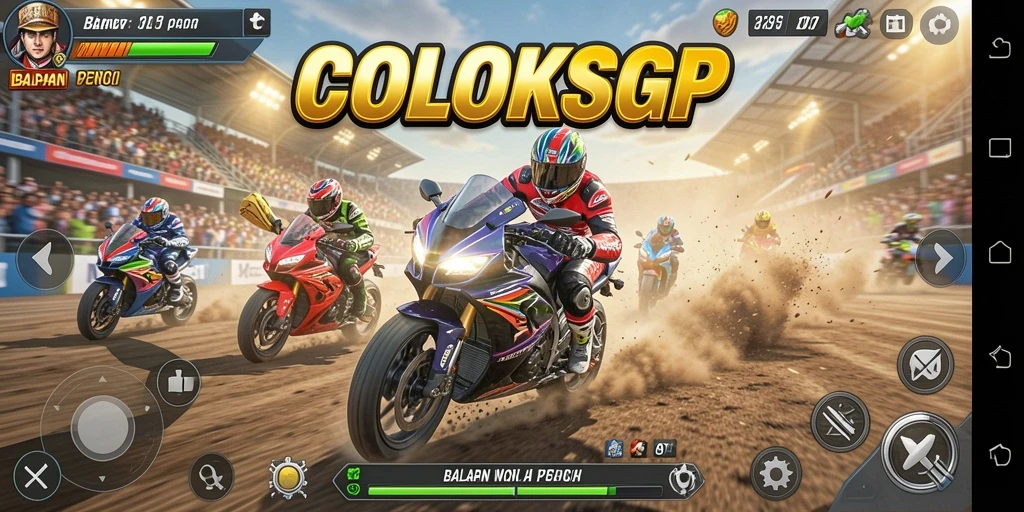 Tampilan gameplay seru dalam COLOKSGP dengan balapan motor yang intens.