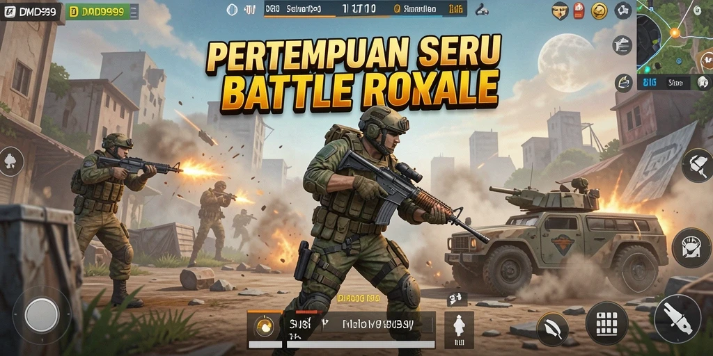 Screenshot DMD999 menunjukkan aksi intens dalam game Battle Royale.