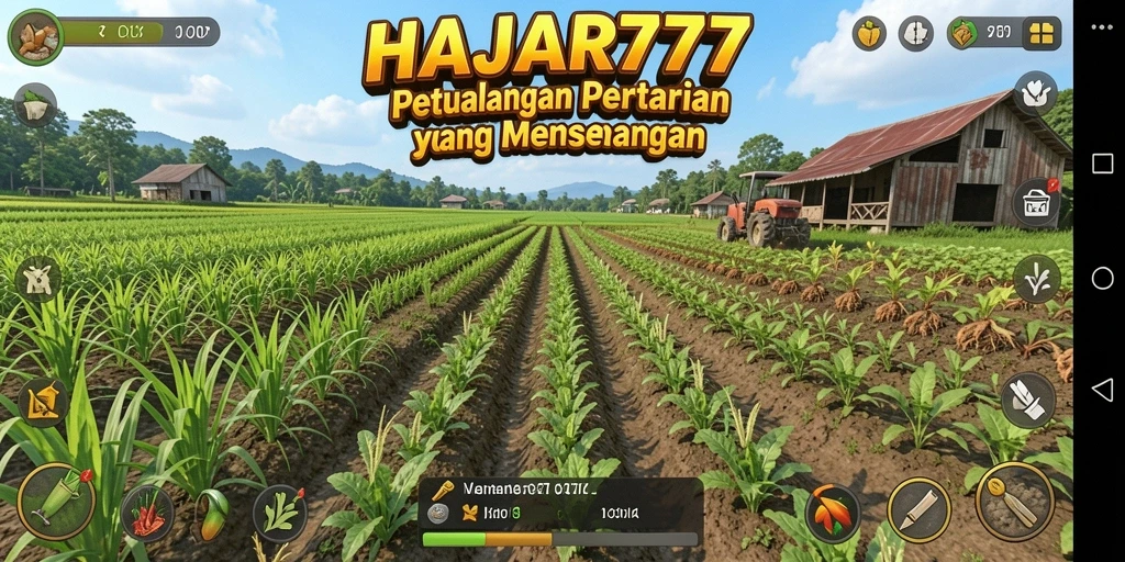 Screenshot gameplay HAJAR777 menampilkan ladang pertanian yang subur dan tanaman yang beragam.